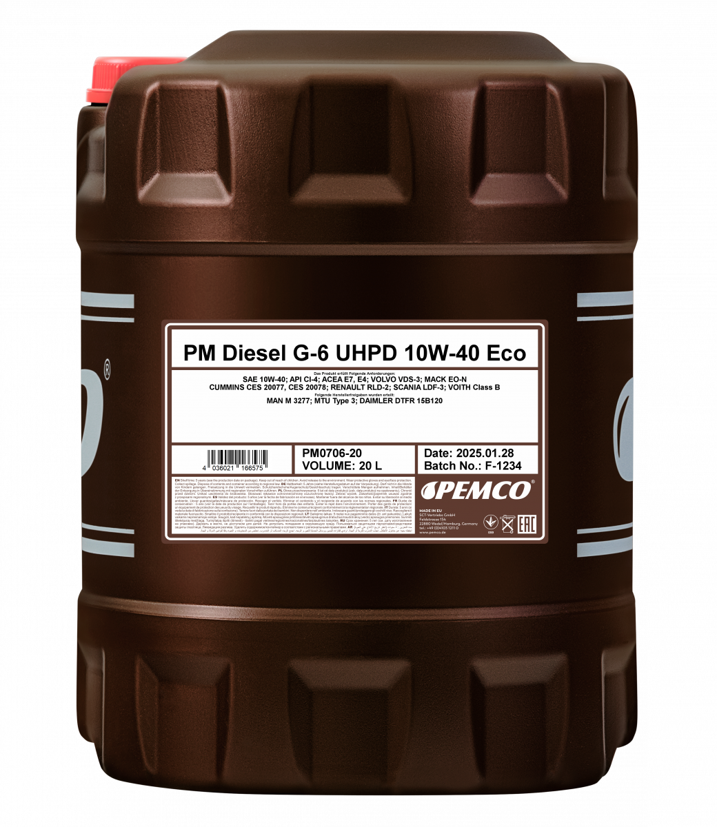 Масло моторное синтетическое универсальное всесезонное DIESEL G-6 Eco UHPD SAE 10W-40 (20л) Pemco